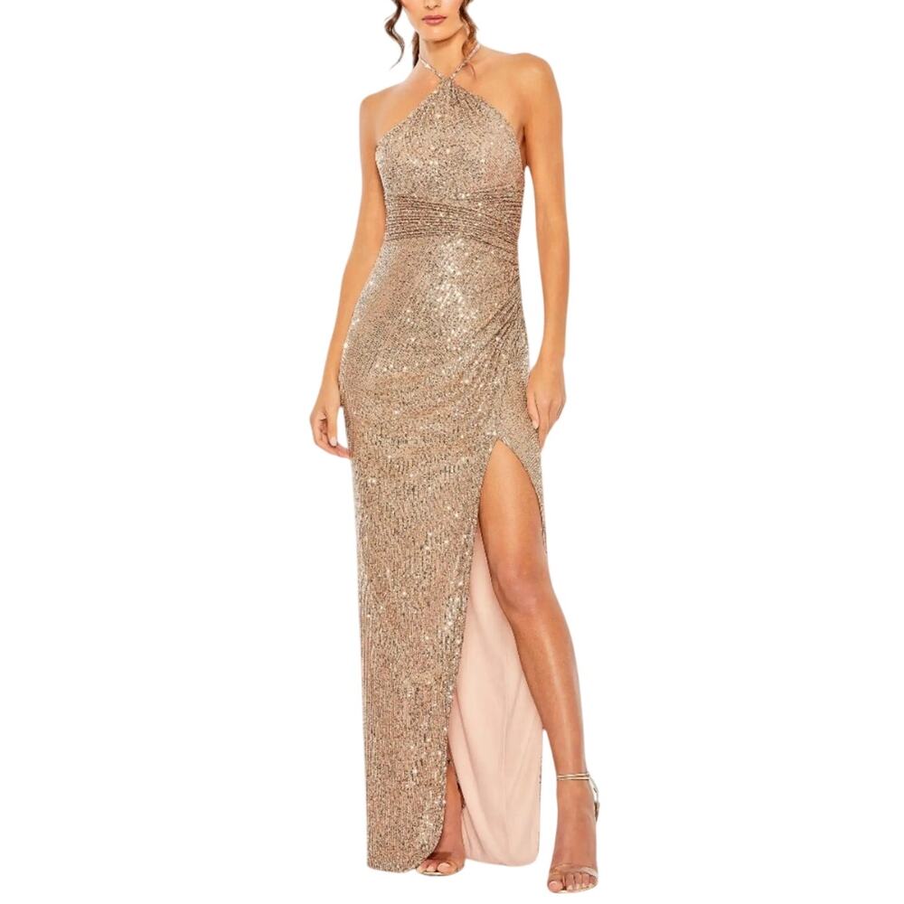 Mac Duggal 27128 Gold Evening Gown Sequin Backless Halter Column Dress Size 8